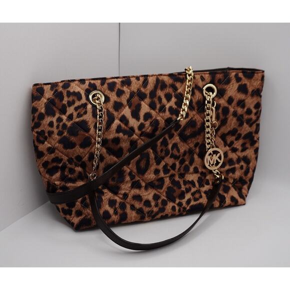 Michael Kors Brown Leopard Print Satin Leather Tote Quilted Academia Chic 36-12 - Picture 12 of 16